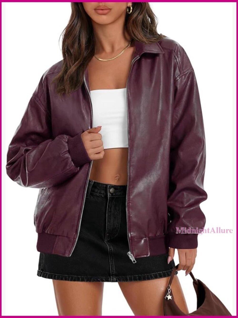 Oversized Faux Leather Bomber Jacket, Zipper Closure, Long Sleeve, Loose Fit